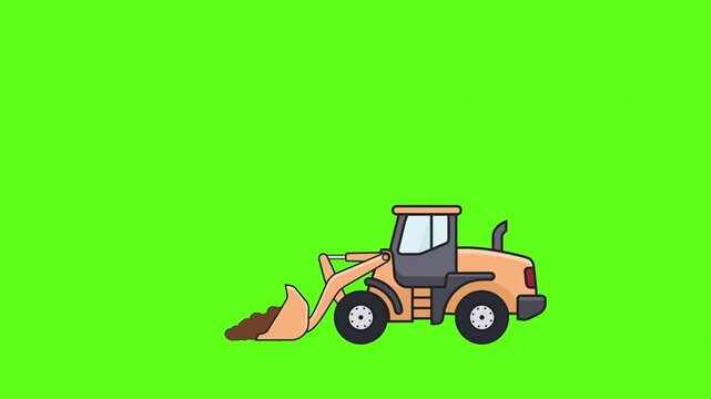 Cartoon Bulldozer Construction Vehicle Moving Soil for Earthmoving Work on Green Screen