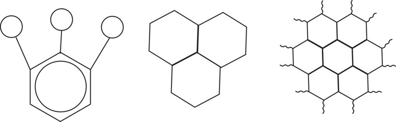 Three different chemical structure diagrams showing a benzene ring with substituents, a fused ring system, and a graphenelike lattice with side chains © sumon
