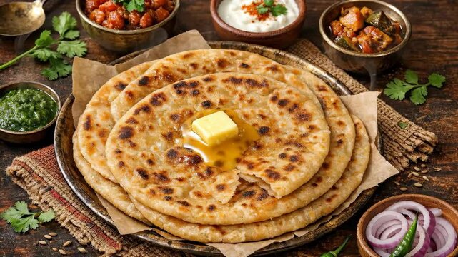 Golden flatbread rests on a rustic tray