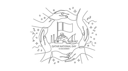 Naklejka premium One Line Drawing of Hands Protecting National Flag and Landmarks for Unity Celebration