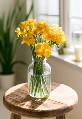 Obraz premium Placed on a wooden table alongside natural light, a spring floral arrangement includes yellow freesia flowers in a glass vase