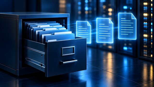 Digital Document Archiving System with Open File Cabinet and Glowing Data Sheets in Enterprise Server Room