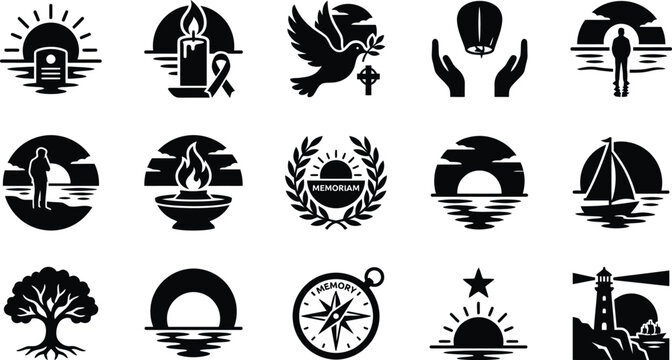 Collection of minimalist black and white line art icons with nature and symbolic themes
