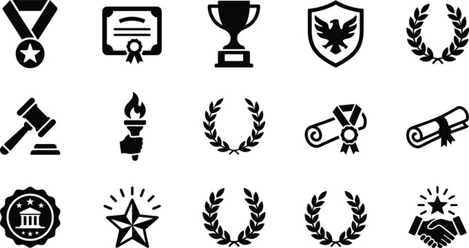 Collection of black silhouette icons representing achievement awards and recognition