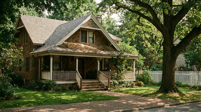 Suburban real estate showing a classic foursquare house with hipped roof brown shingles white trim and a brick walkway