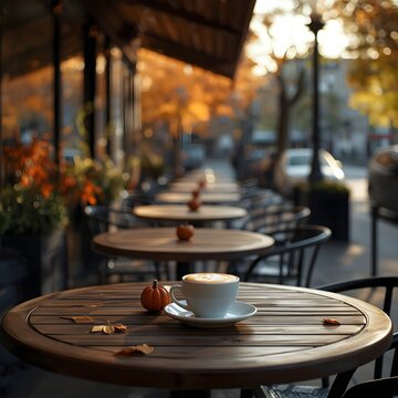 Autumn cafe scene with coffee and pumpkins on a wooden table outdoors