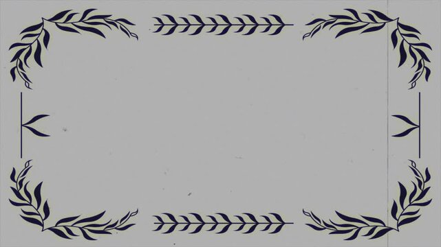 Vintage silent film frame overlay featuring elegant dark blue leaf branch borders, botanical corner ornaments, flickering analog dust, hair, scratches, and film grain texture