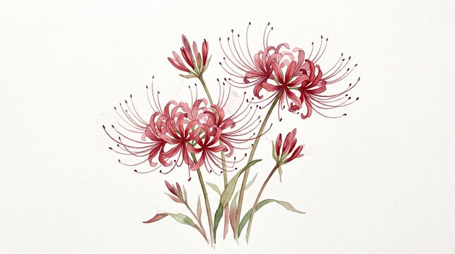Delicate red spider lily watercolor artwork, graceful Lycoris radiata blossoms with soft flowing petals, muted crimson and ruby red pigments, subtle watercolor bleeding and paper texture