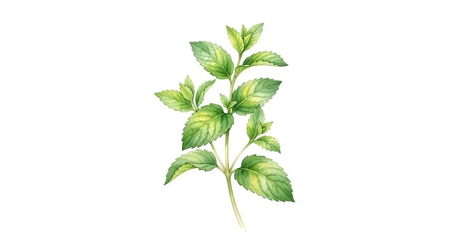 Fresh Green Mint Sprig With Detailed Leaves Isolated On A Plain White Background For Food Design