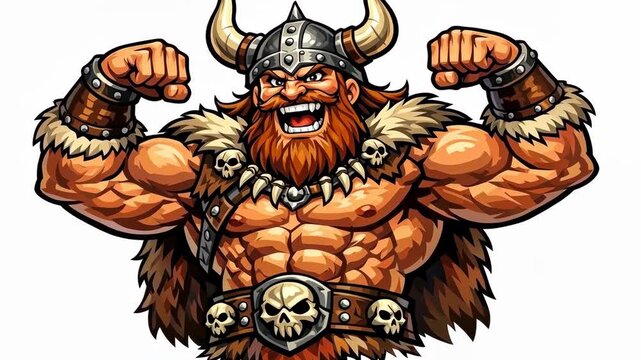 Muscular Viking flexes arms with fierce expression