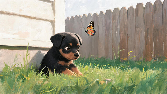 Cute cartoon Doberman puppy watching colorful butterfly on backyard grass