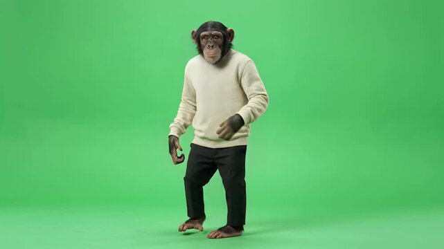 Dancing monkey in casual clothes performing energetic dance moves on green screen