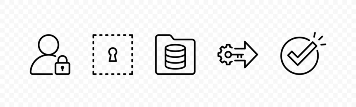 flat vector illustration line art icon bundle set design depicting user privacy management secure vaults and database transfer symbols for digital information security ui