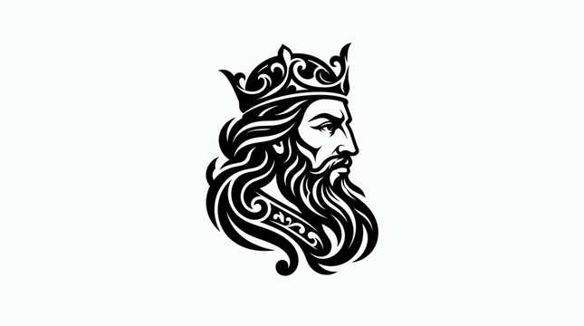 Black and white vector illustration of a king with a beard and crown.