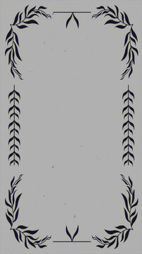 Vertical 9:16 vintage silent film frame overlay featuring elegant dark blue leaf branch borders, botanical corner ornaments, flickering analog dust, hair, scratches, and film grain texture