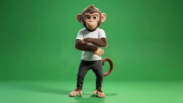 Dancing monkey with white tshirt performing on green screen background