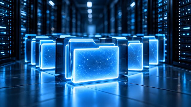 Digital asset management interface featuring glowing virtual folders organizing corporate data inside a modern server room