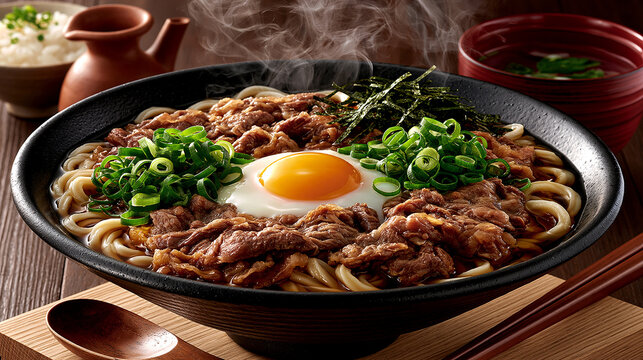 Japanese beef udon noodle soup bowl with soft boiled egg and green onions