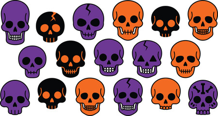 Fototapeta premium Set of colorful cartoon skulls for halloween decorations and spooky party designs
