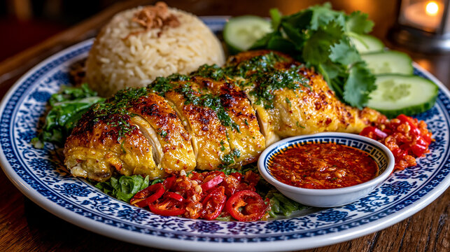 Roasted fish fillet with rice cucumber slices spicy chili dipping sauce side dish