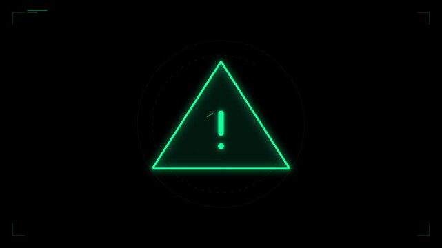 Animated Glowing Green Neon Warning Exclamation Mark Triangle HUD Icon Loop for Cyberpunk Futuristic Technology Interface UI Overlay (154 Characters)