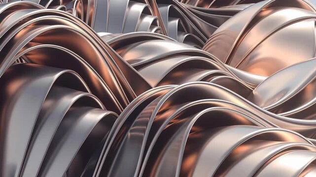 Abstract glossy metallic waves in rose gold and silver on a dark reflective background, expressing luxury, motion, and elegance