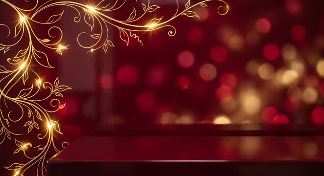 Festive Deep Red Background Framed with Golden Floral Filigree Ornament and Bokeh Sparkles