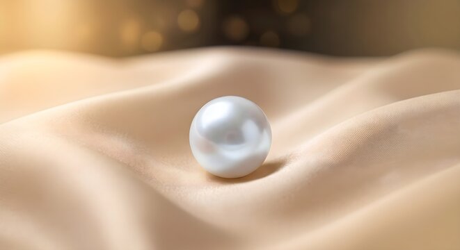 Single Large White Pearl Resting on Soft Flowing Champagne Silk Folds