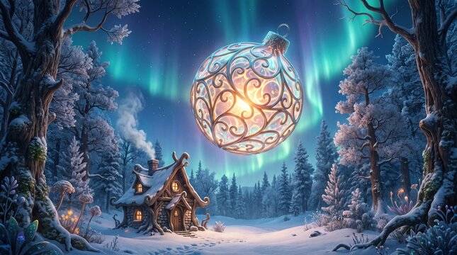 Giant glowing Christmas ornament floating above fairy tale cottage in snowy winter forest. Northern lights illuminate magical night sky with cozy wooden house.
