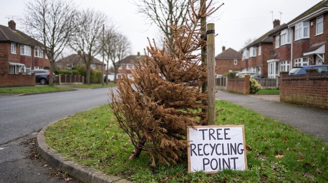 Dried christmas tree with tree recycling point sign on suburban street. Dead fir tree left for disposal after holidays on residential road.