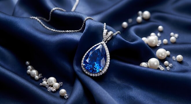 Tear-Cut Blue Sapphire Pendant Necklace Resting on Deep Blue Satin with Pearls