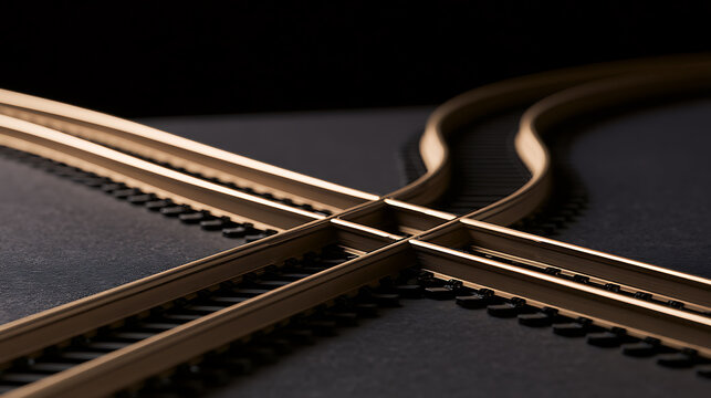 Model railway track intersection and switch design layout on dark background representing choice, direction, logistics, transport network path