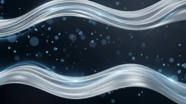An abstract design showcases flowing silver waves with bright light effects against a dark background. The visuals create a dynamic look