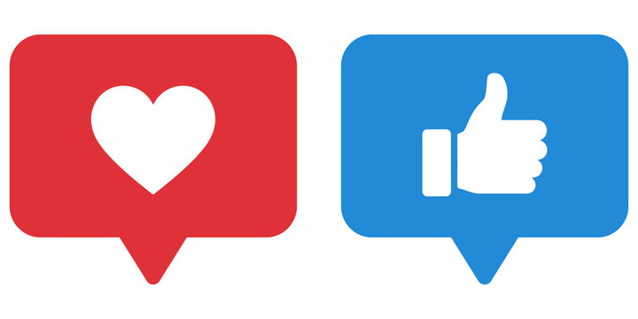 Social media notification bubble icons with red heart and blue thumb up.