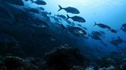 Obraz premium A large school of fish swims gracefully through deep blue ocean waters above coral formations
