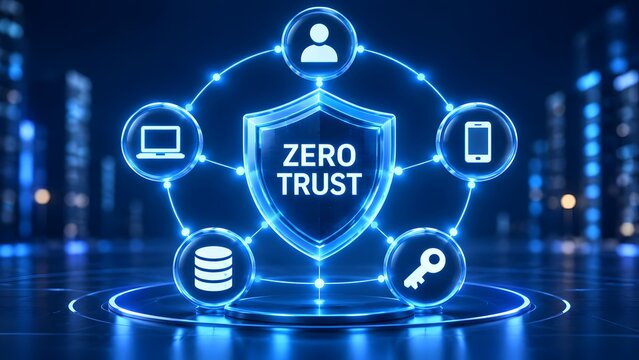 Zero Trust security concept with network icons and shield
