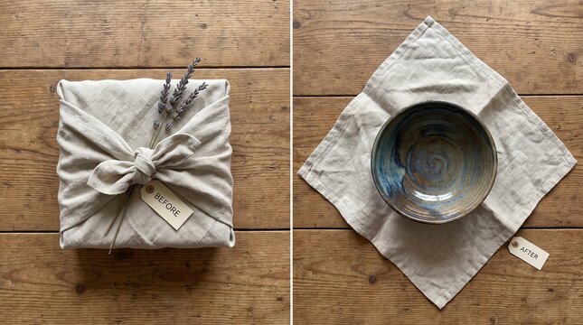 Before and after furoshiki fabric gift wrapping comparison with ceramic bowl on linen cloth. Sustainable zero waste eco gift packaging on rustic wooden table.