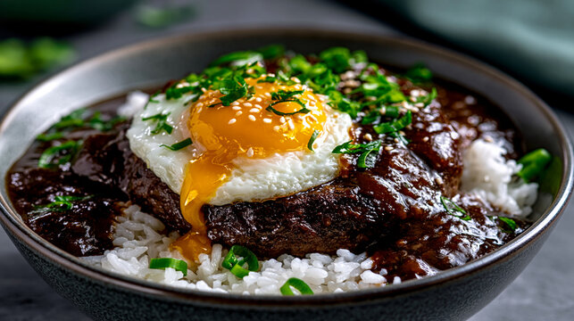 Hawaiian style hamburger steak with fried egg and gravy in a bowl white rice loco moco
