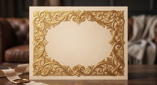 Vintage Golden Filigree Frame Card Standing on Dark Wooden Surface