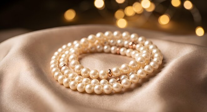 Coiled Pearl Necklace Resting on Champagne Silk Fabric with Golden Bokeh Lights