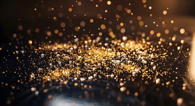 Sparkling Gold Glitter Dust and Particles Scattered on Dark Textured Surface