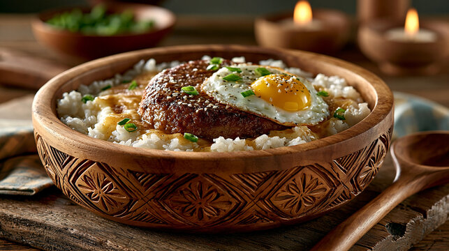 Hamburger steak with fried egg and gravy in a rustic wooden bowl savory gravy white rice