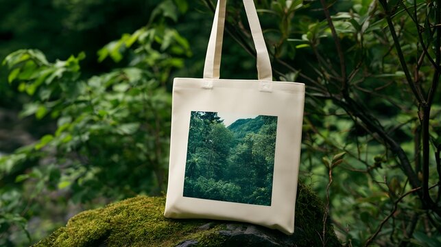 A beige tote bag with a forest print rests on a mossy rock surrounded by green foliage in a natural setting