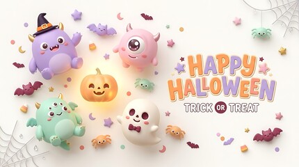 Fototapeta premium Cute cartoon halloween characters with happy halloween text on white background