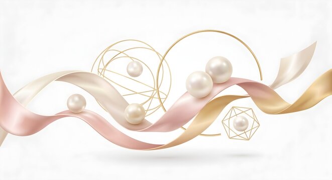 Abstract Flowing Pastel Ribbons and Golden Rings Decorated with Pearls on White Background