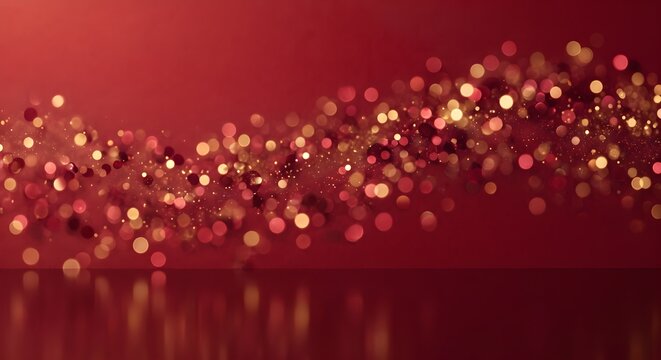 Dynamic Sparkling Gold and Red Glitter Wave Floating Across a Dark Red Background