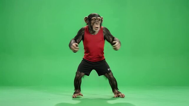 Dancing monkey in red tank top performing energetic funny moves