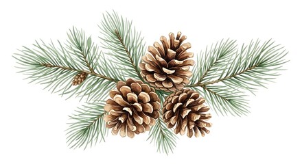 Fototapeta premium Three Detailed Brown Pinecones On Green Fir Branches Isolated On A Plain White Background