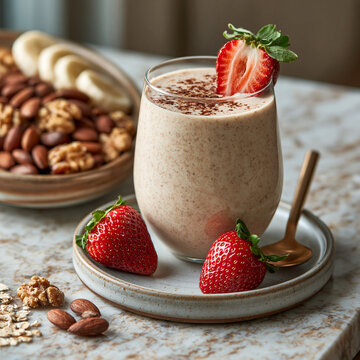 Strawberry banana smoothie topped with chocolate shavings and fresh strawberry