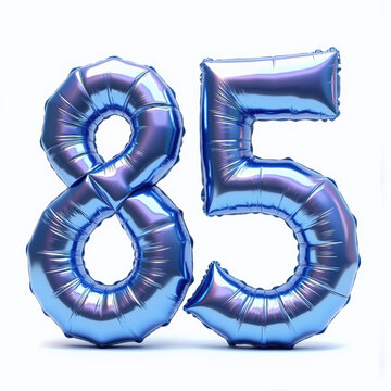 The number 85 is depicted as shiny, blue, metallic balloons against a white background, perfect for an 85th birthday card illustration.